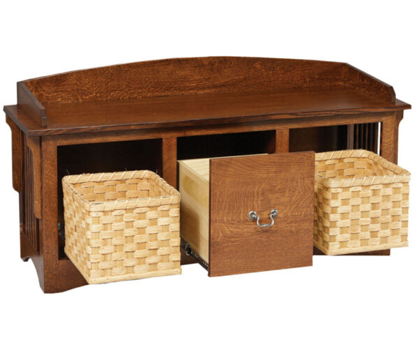 Mission Slat Bench With Baskets And Drawers